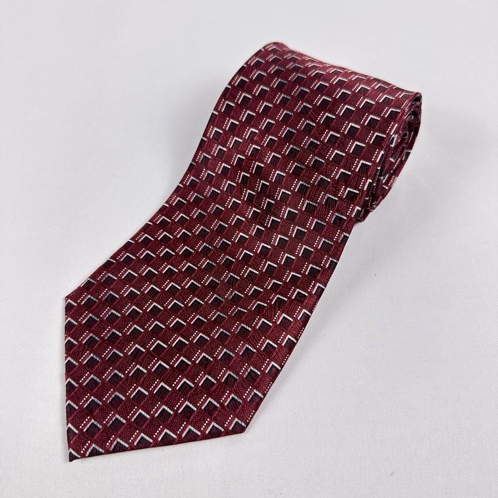 Pierre Cardin Silk Tie Vintage Red Silver White Square Geometric 4" W 59.5" L